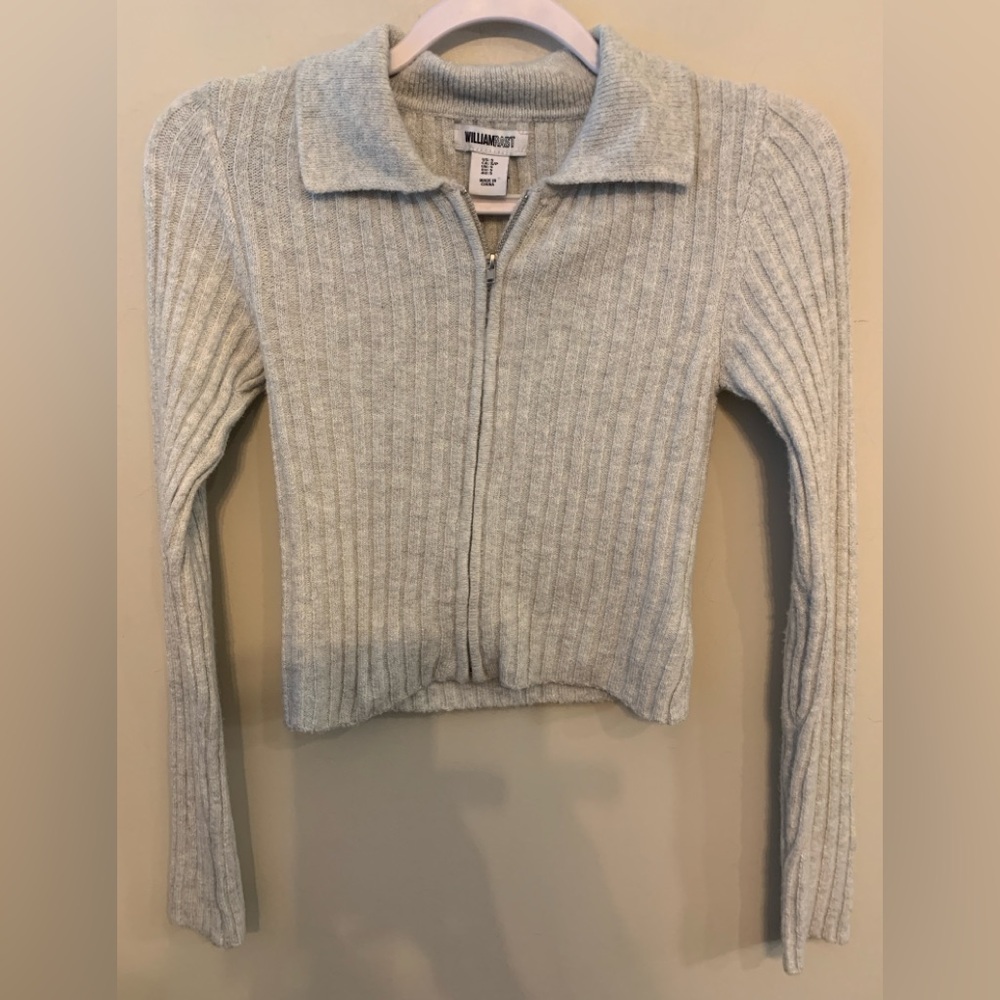 WILLIAM RAST Cropped  Light Gray Ribbed Zip Up Cardigan